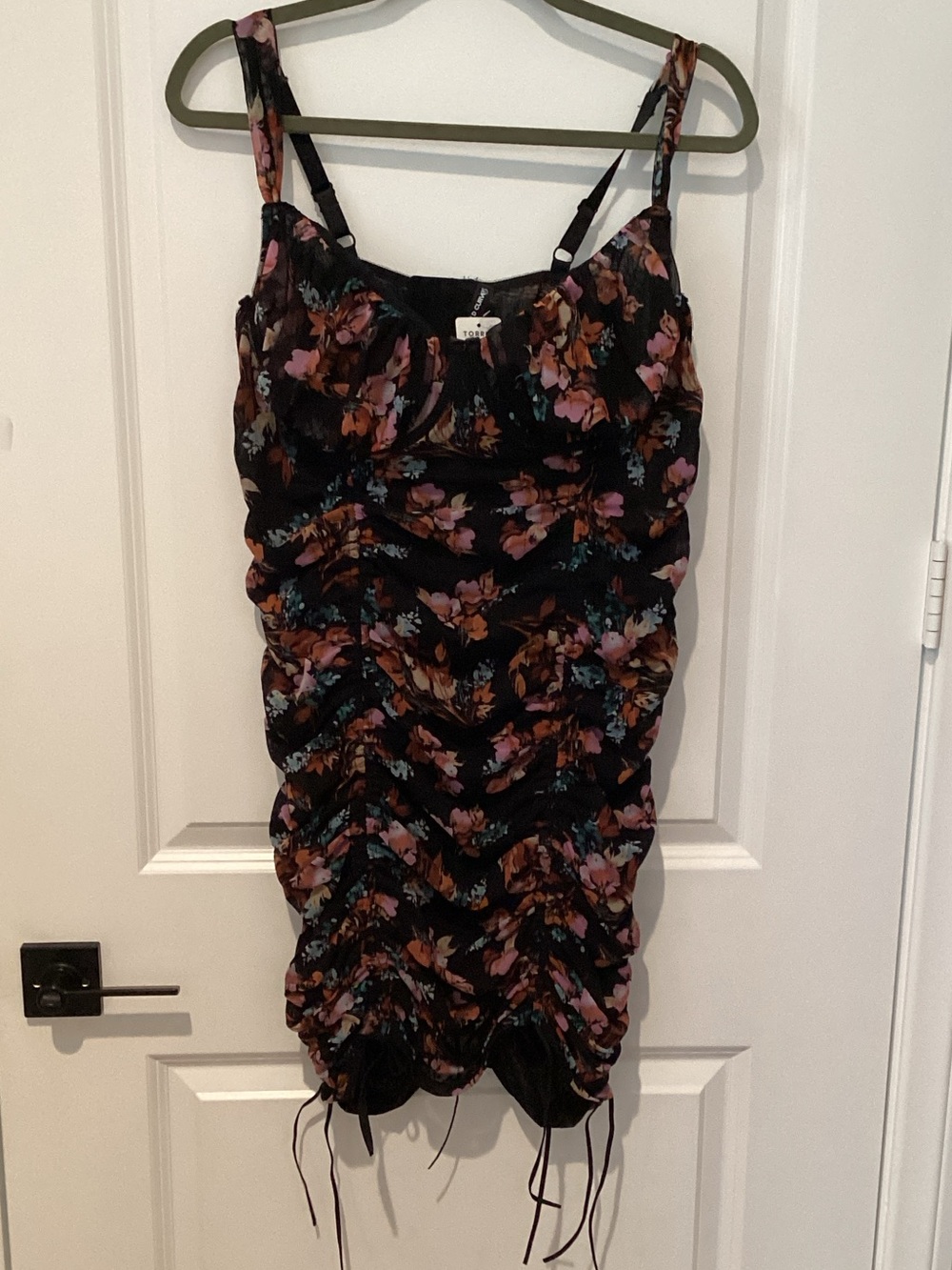 torrid Black Floral Ruched Tank Dress with Pink & Orange Accents